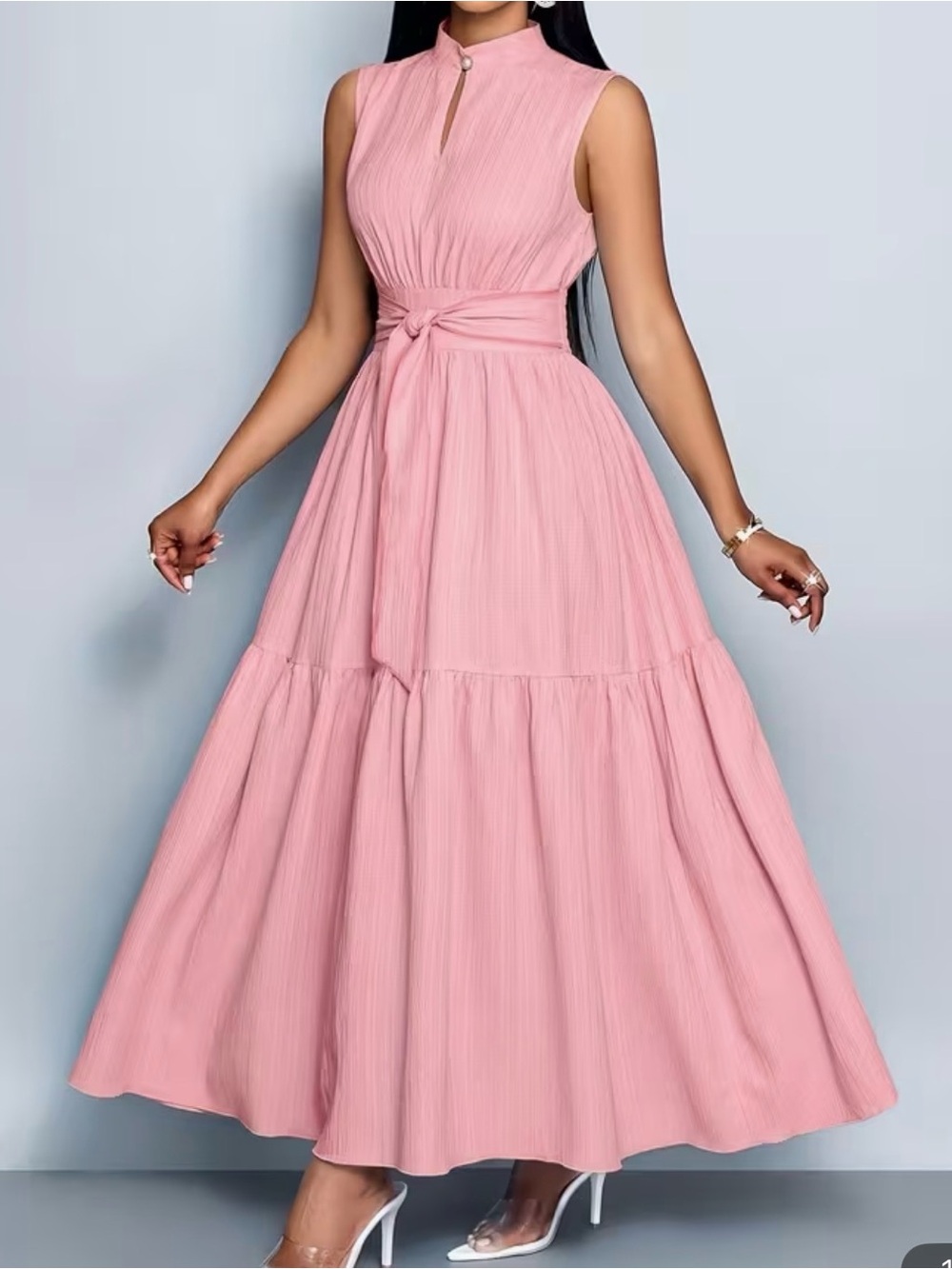 Sleeveless Pink Tie-Waist Maxi Dress